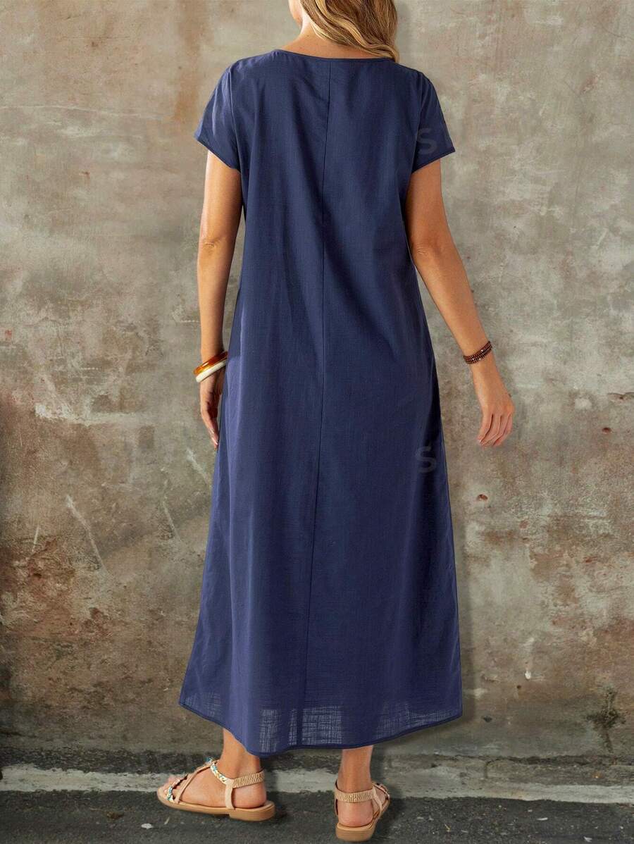 Nicole - Robe longue à manches courtes avec col rond et taille ajustable pour femmes dans des couleurs unies