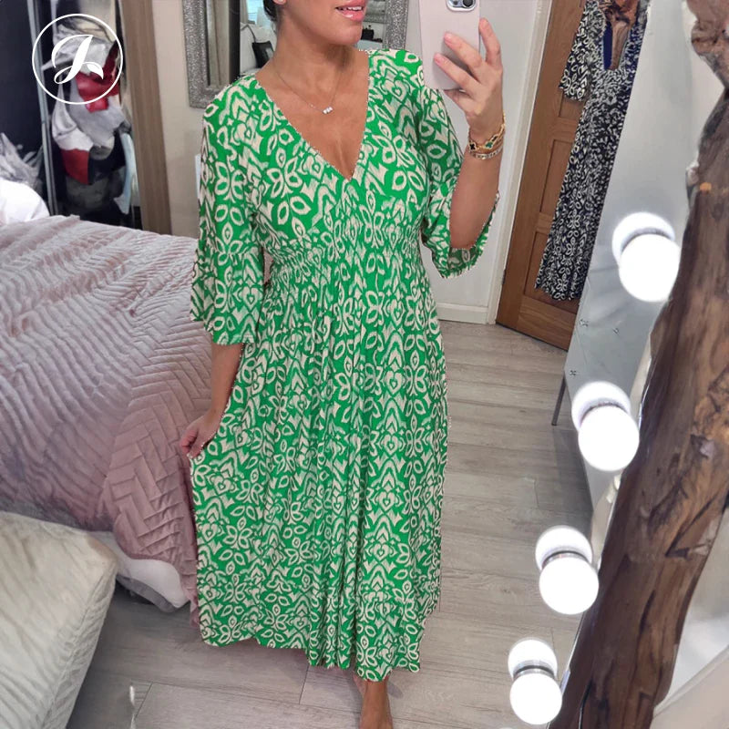 Janisie - Robe décontractée à col en V et taille froncée style bohème