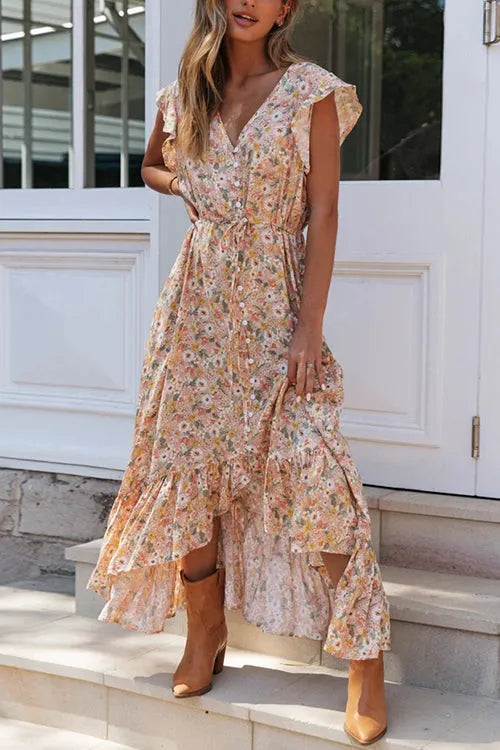 Lola - Maxi-robe avec volants de boutons et cordon de serrage fleuri