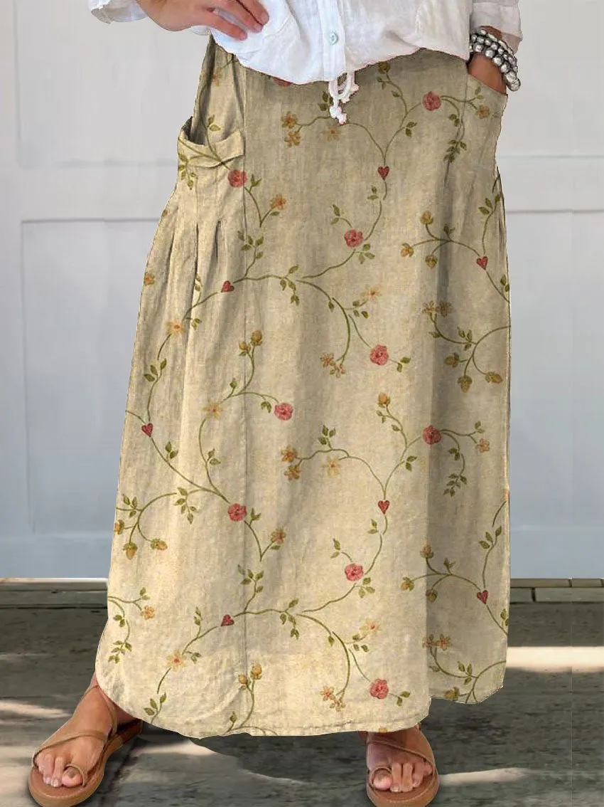 Julia - Jupe à poches en lin pour femme avec motif floral rétro