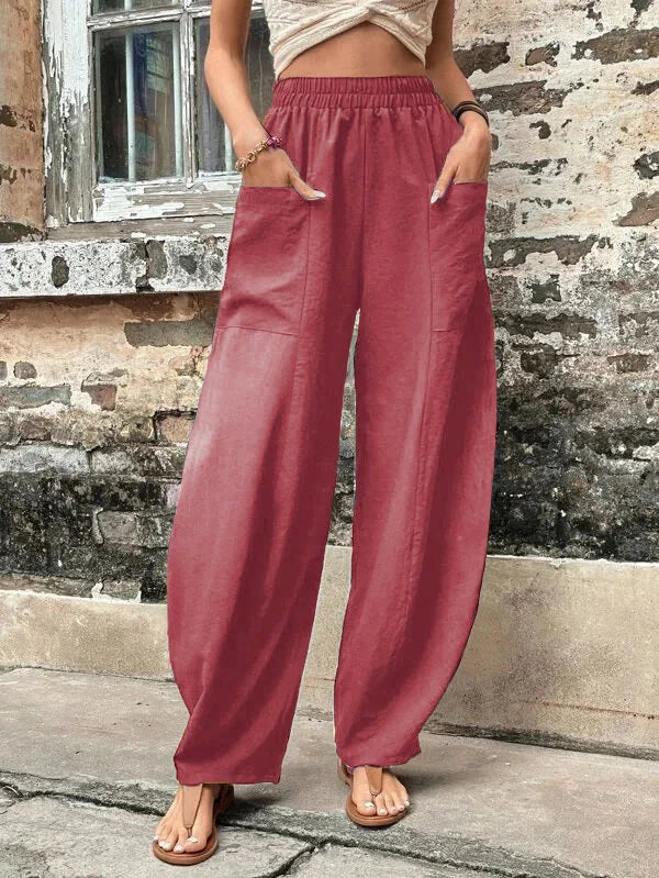 Malena - Pantalon ample uni avec poches élastiques en grande taille