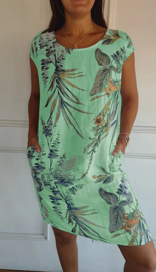 Robe imprimée en coton et lin pour femme avec col rond