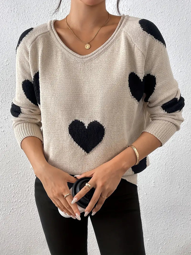Pull à Col V pour Femme avec Motif de Cœurs