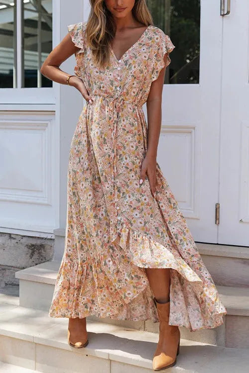 Lola - Maxi-robe avec volants de boutons et cordon de serrage fleuri