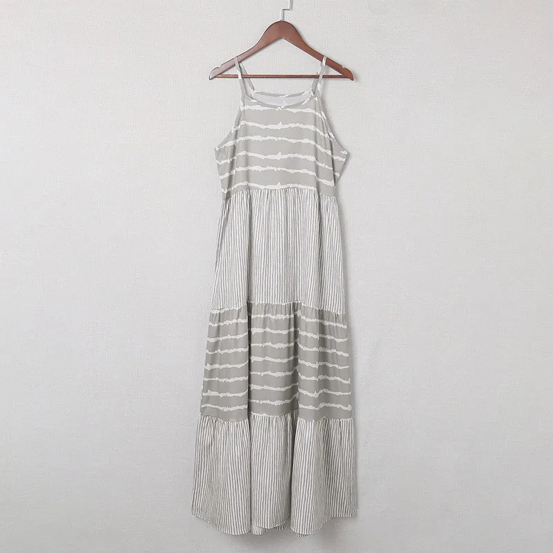 Zoe - Robe de plage longue à imprimé rayé gris