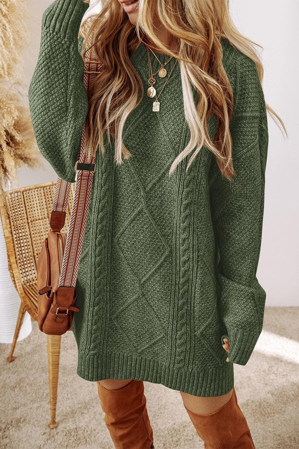 Robe Pull Ample en Maille à Câble Vert Sauge pour Femme