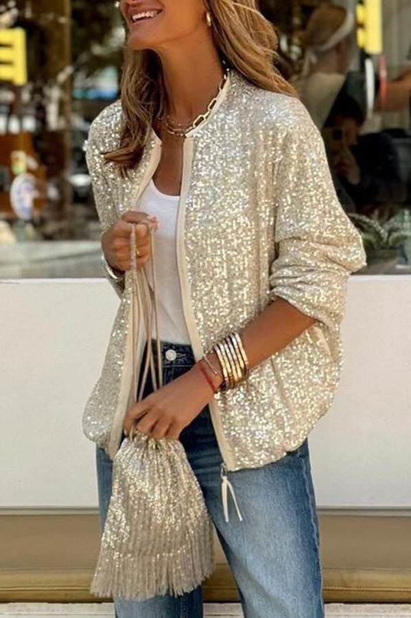 Manteau à Paillettes Étoilées avec Zip et Manches Longues, Parfait pour les Soirées ou le Quotidien