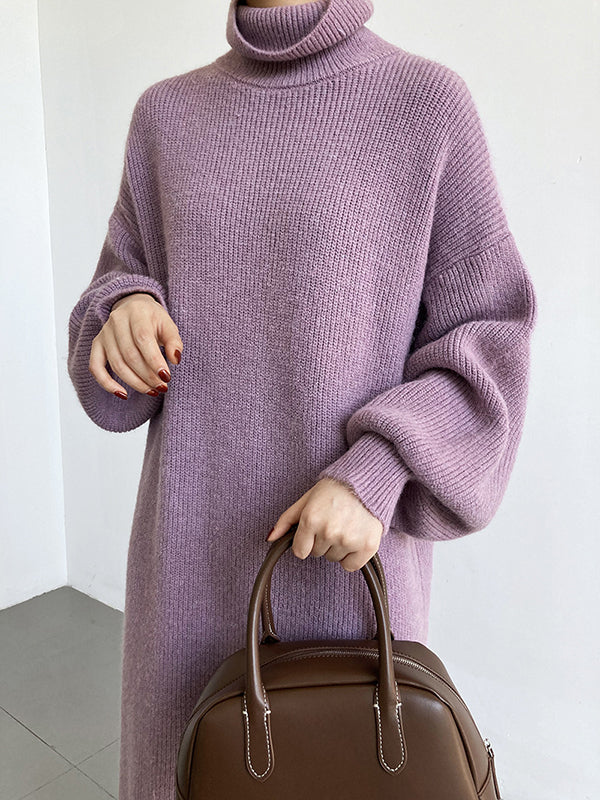 Robe Pull Violet à Col Montant et Manches Bouffantes Longues - Élégance Décontractée pour Toutes Occasions