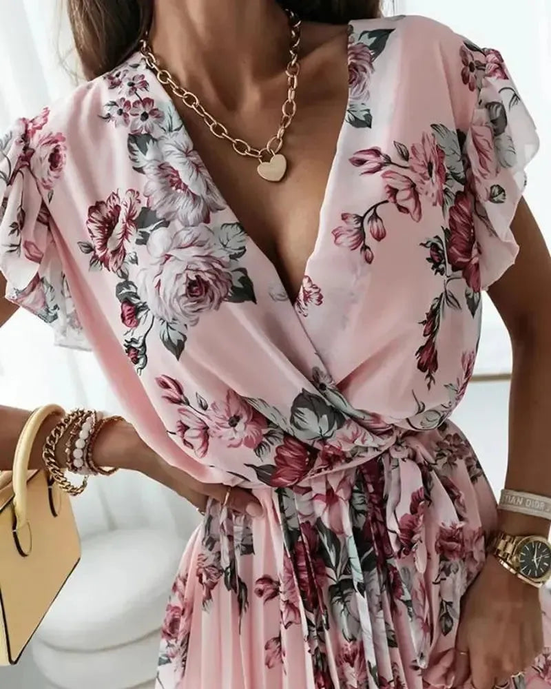 Margaret - Robe portefeuille plissée à imprimé floral ceinturée