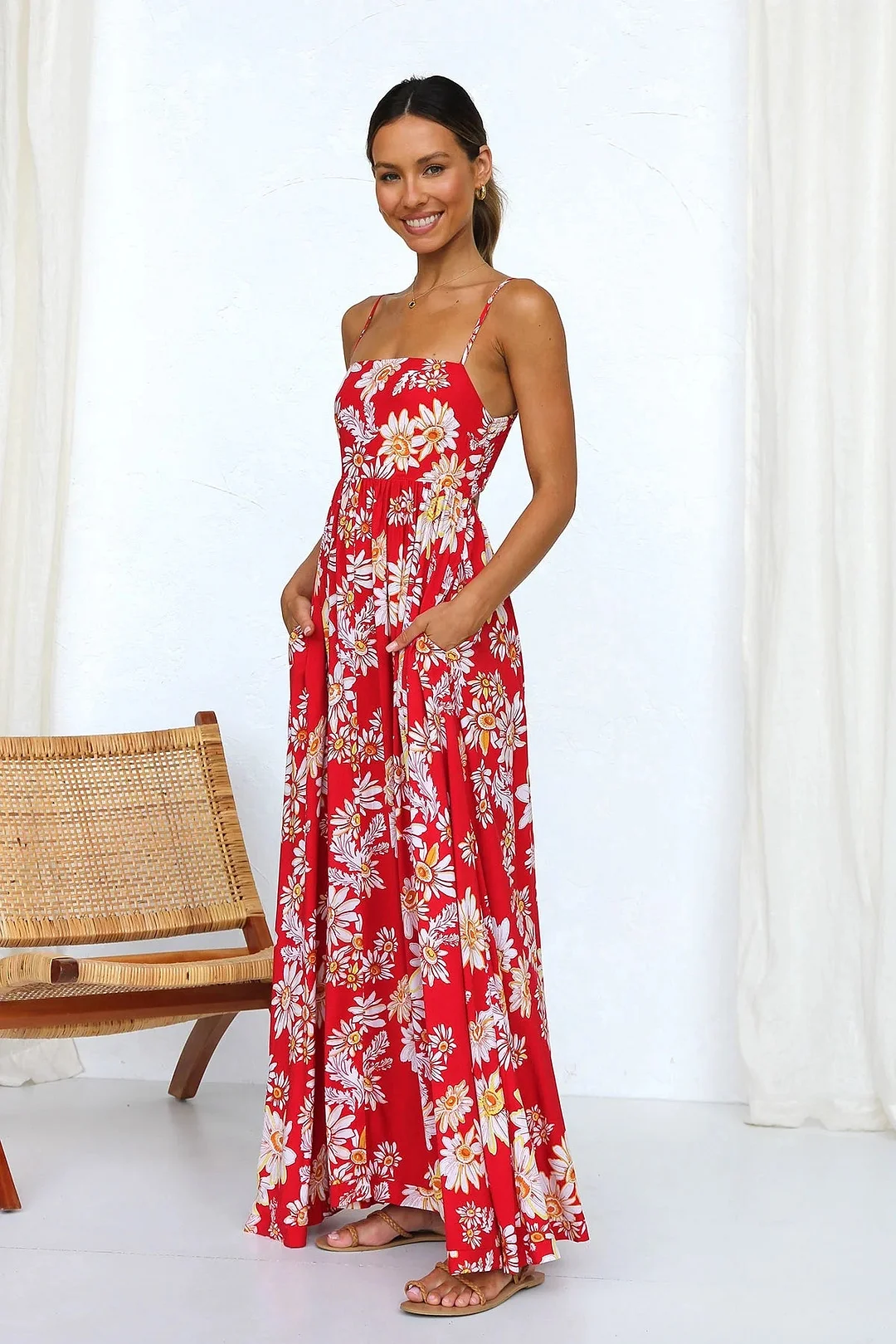 Vanessa - Robe midi à fleurs rouges – Etienne Paris