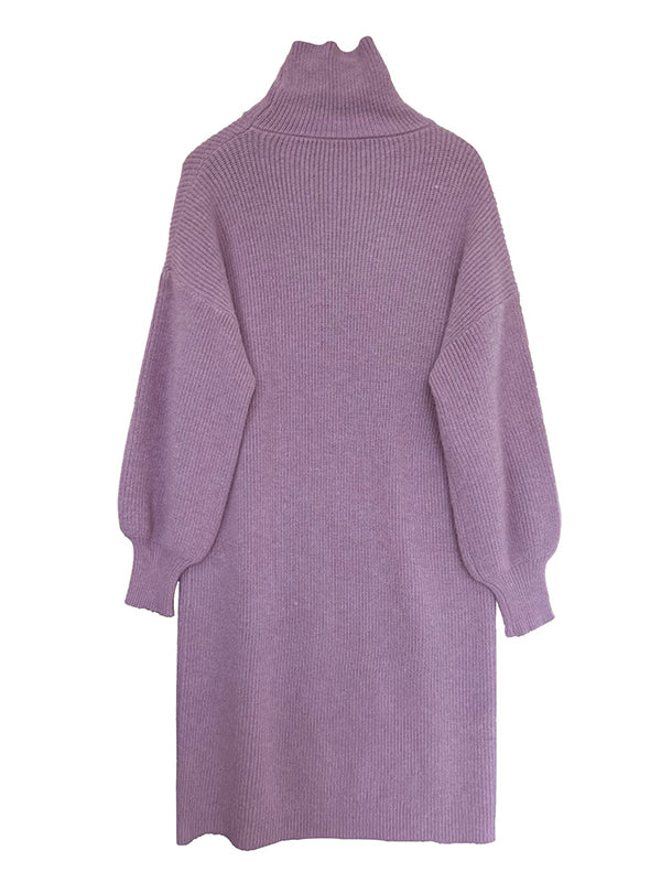 Robe Pull Violet à Col Montant et Manches Bouffantes Longues - Élégance Décontractée pour Toutes Occasions