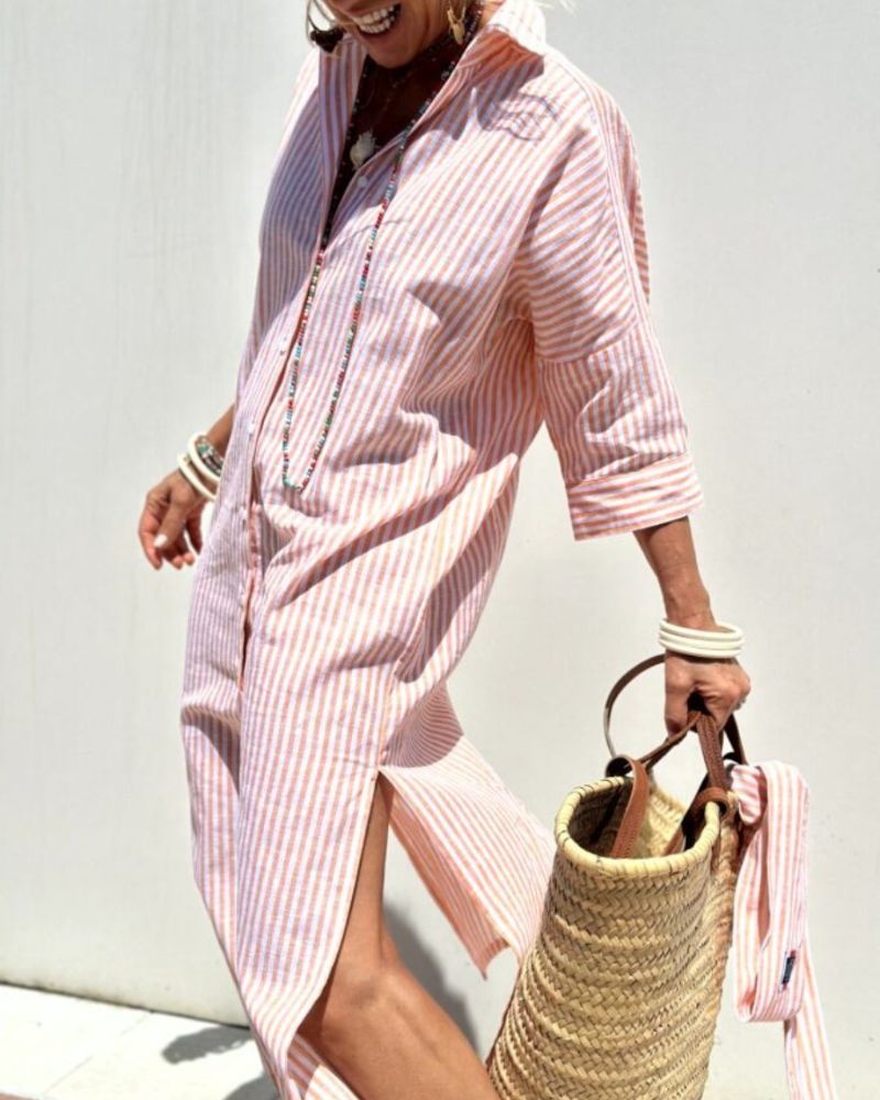 Robe chemise rayée à manches longues au style contemporain