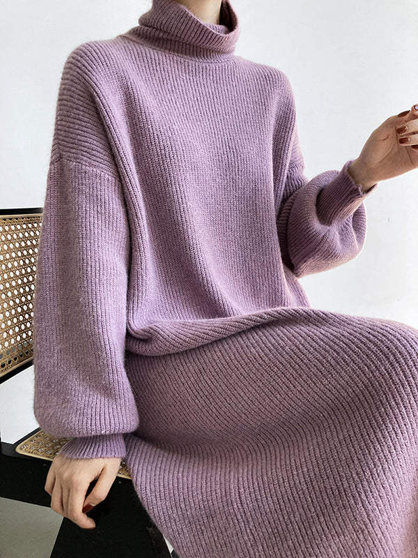 Robe Pull Violet à Col Montant et Manches Bouffantes Longues - Élégance Décontractée pour Toutes Occasions