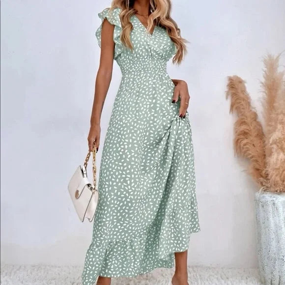 Julia - Maxi-robe à volants à pois et taille froncée