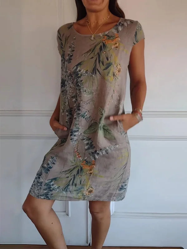 Robe imprimée en coton et lin pour femme avec col rond