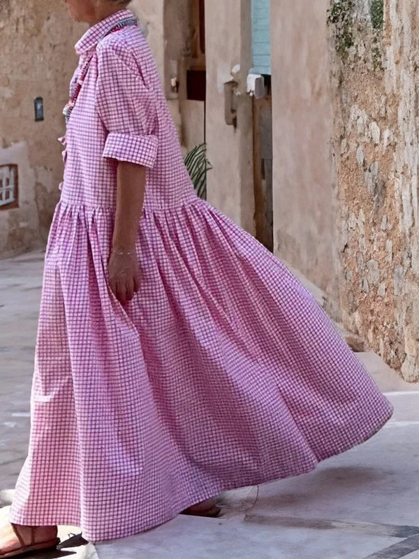 Maria - Robe décontractée à manches longues en coton, lin et tissu à carreaux