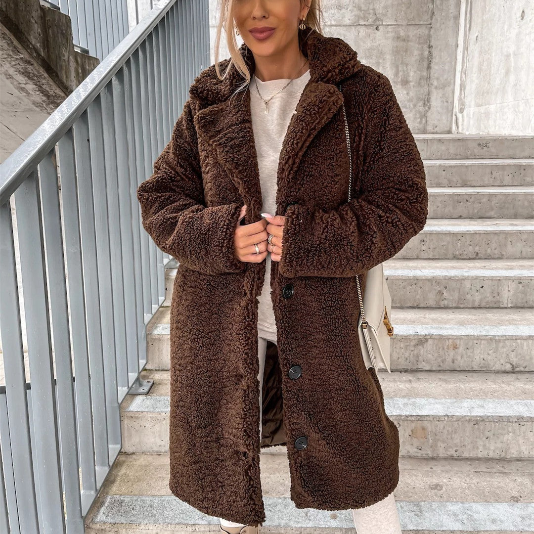 Veste Femme en Peluche à Manches Longues et Col à Revers – Manteau Doux pour l'Hiver