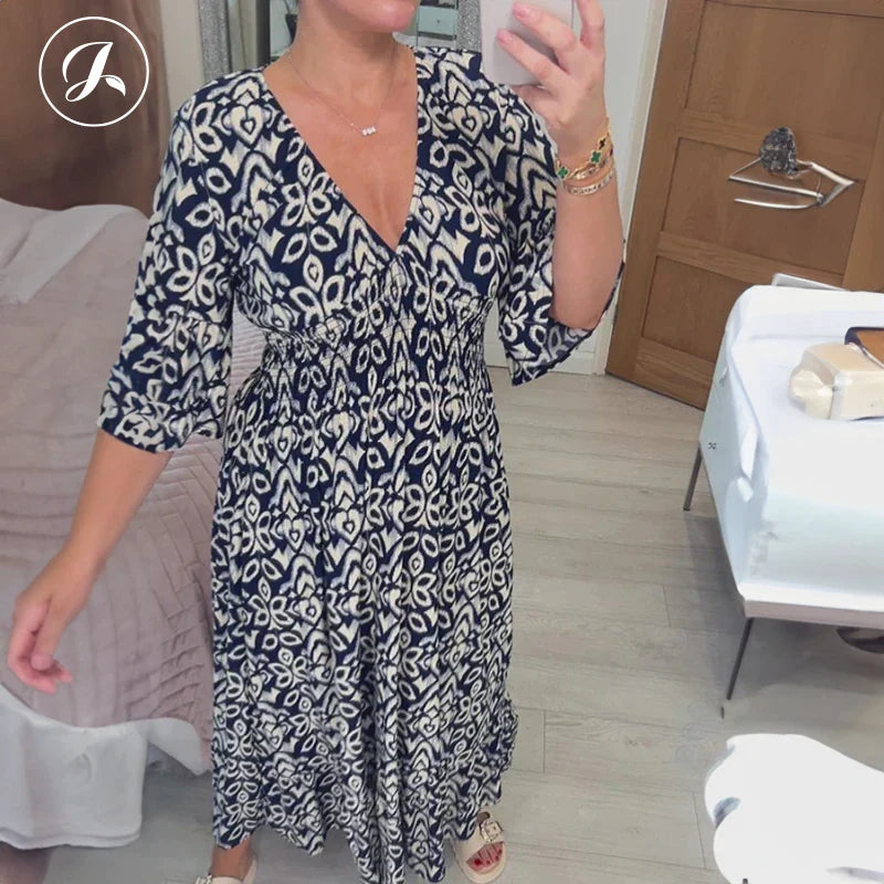 Janisie - Robe décontractée à col en V et taille froncée style bohème