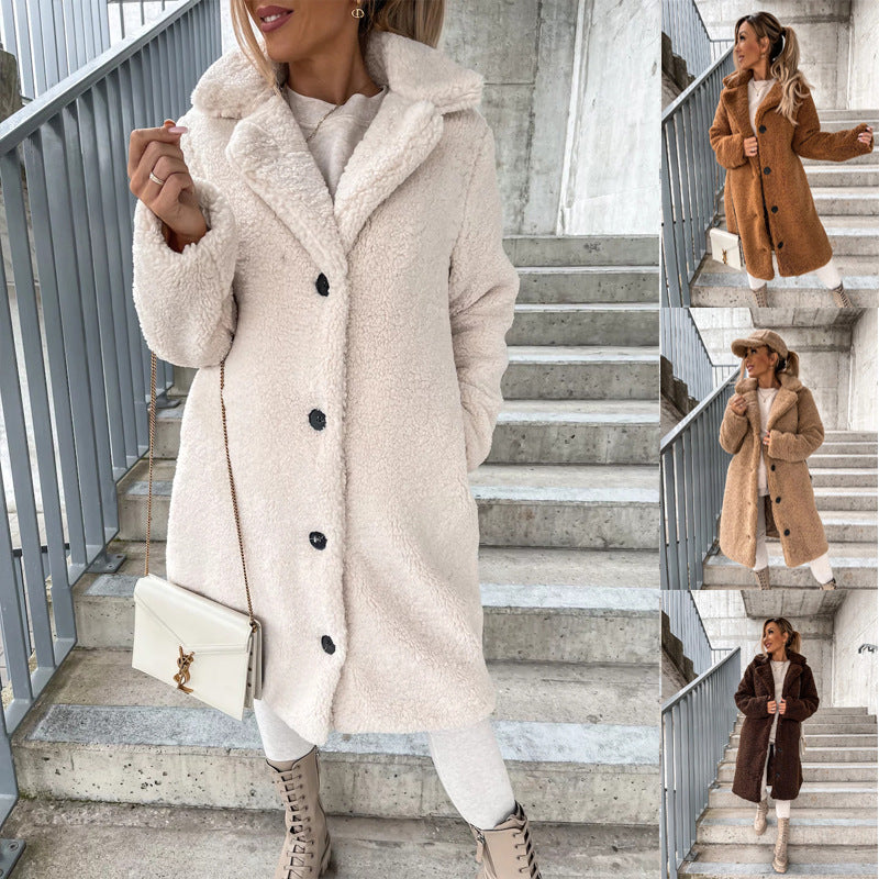 Veste Femme en Peluche à Manches Longues et Col à Revers – Manteau Doux pour l'Hiver