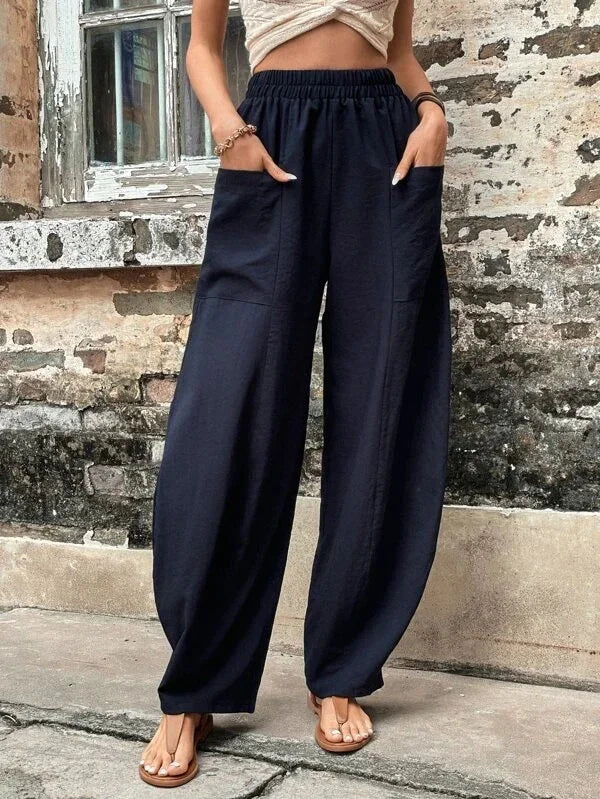 Malena - Pantalon ample uni avec poches élastiques en grande taille