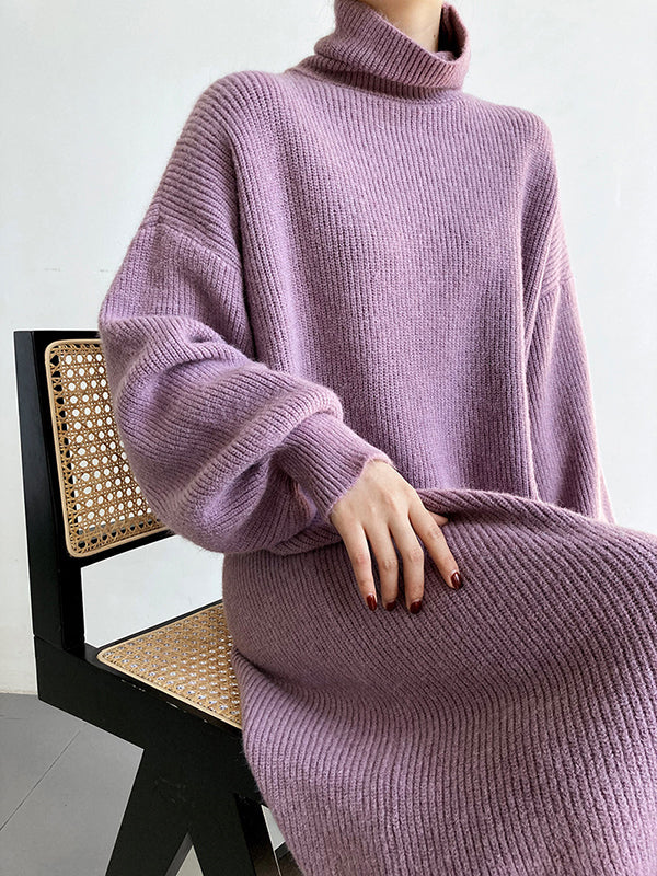 Robe Pull Violet à Col Montant et Manches Bouffantes Longues - Élégance Décontractée pour Toutes Occasions