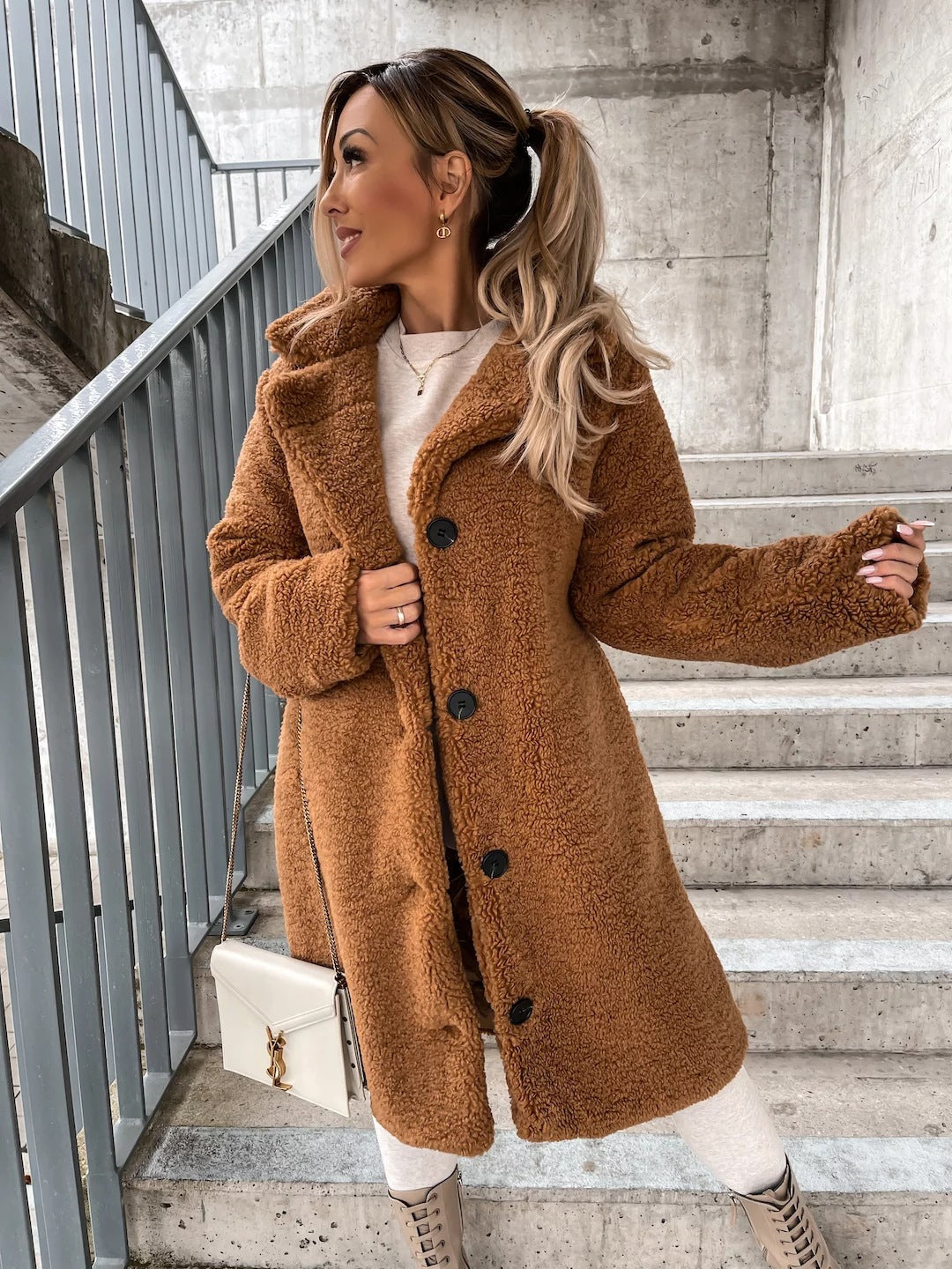 Manteau Douillet en Peluche pour Femme à Manches Longues et Col Élégant