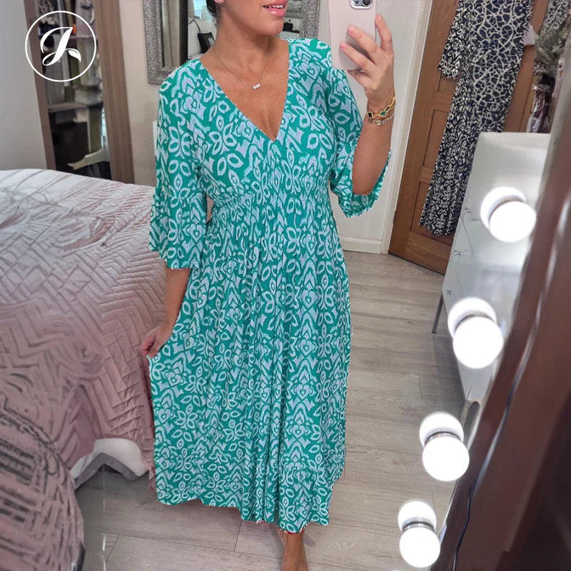 Janisie - Robe décontractée à col en V et taille froncée style bohème