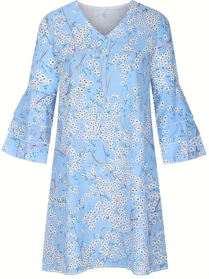 Fiona - robe à ourlet volant imprimé floral, robe décontractée à col en V et demi-manches, vêtements pour femmes