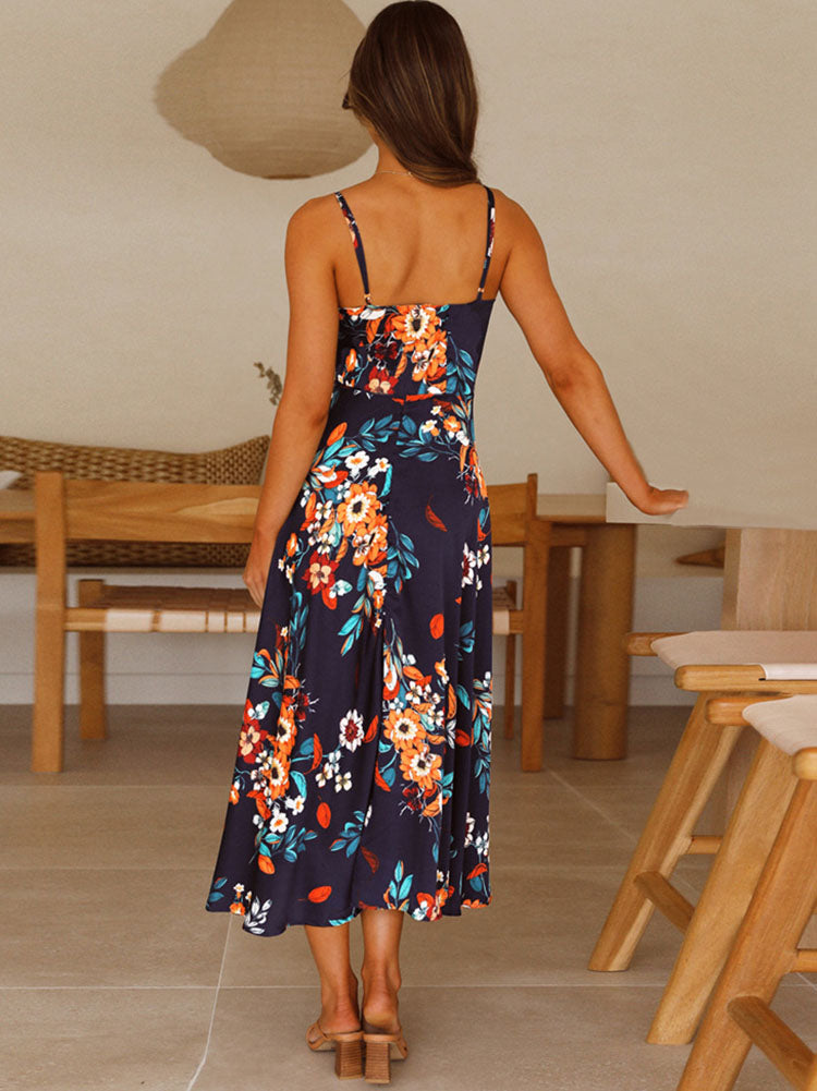 Domenica - Robe longue à col en V avec imprimé floral dos nu