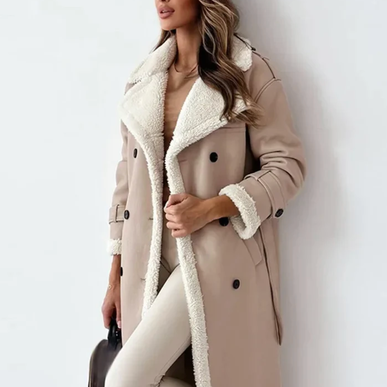 Manteau long classique pour femme avec col style teddy