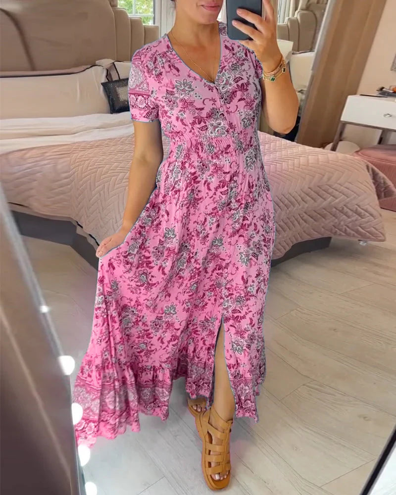 Raquel - Robe à col en V avec imprimé floral