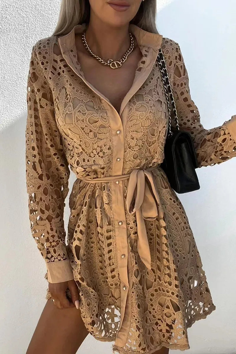 Emma - Robe de soirée pour femme, col en V, manches longues, dentelle, tenue de festival