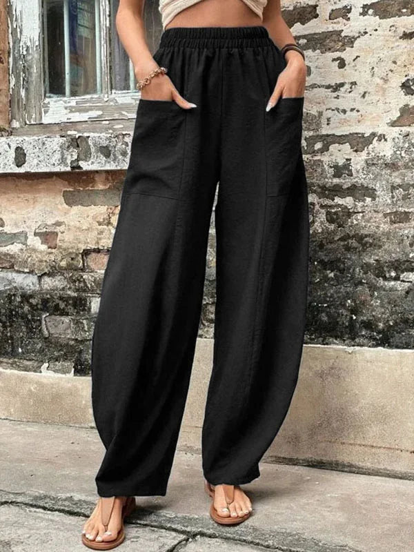 Malena - Pantalon ample uni avec poches élastiques en grande taille