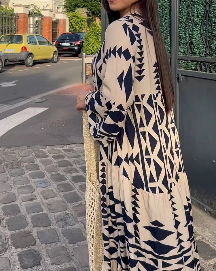 Karla - Robe décontractée à la mode avec col en V et manches longues imprimées