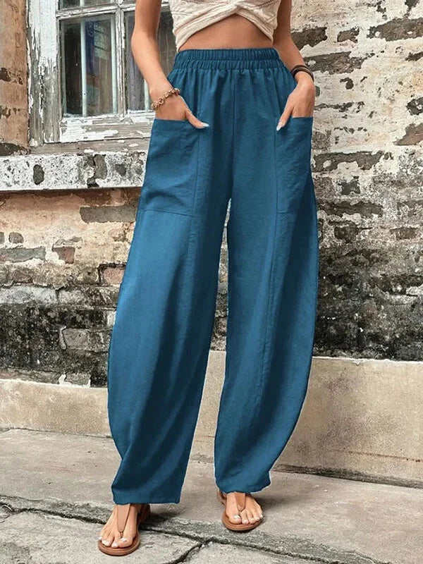 Malena - Pantalon ample uni avec poches élastiques en grande taille