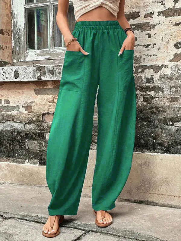 Malena - Pantalon ample uni avec poches élastiques en grande taille