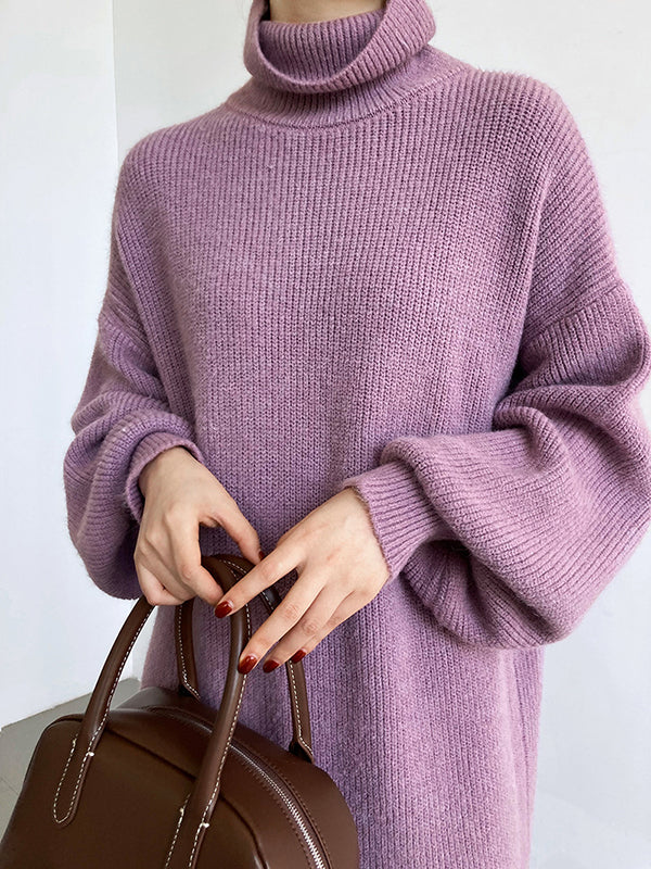 Robe Pull Violet à Col Montant et Manches Bouffantes Longues - Élégance Décontractée pour Toutes Occasions