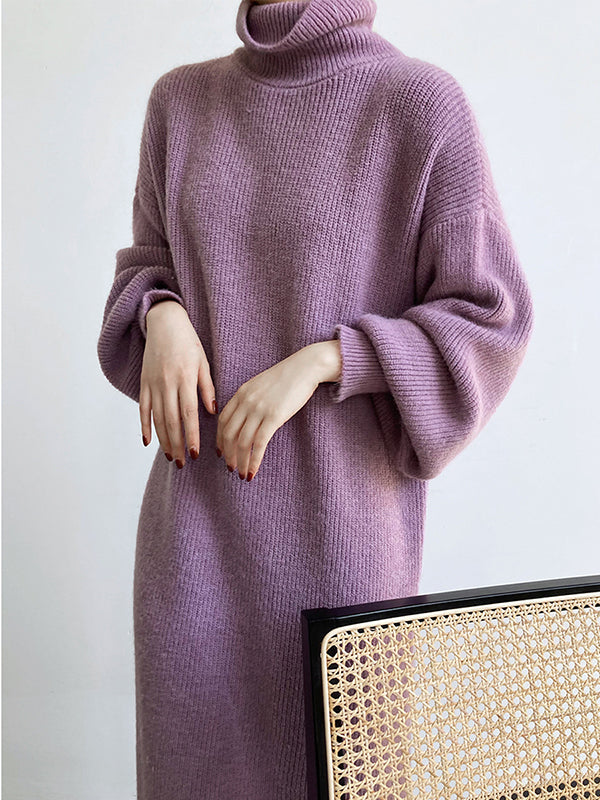 Robe Pull Violet à Col Montant et Manches Bouffantes Longues - Élégance Décontractée pour Toutes Occasions