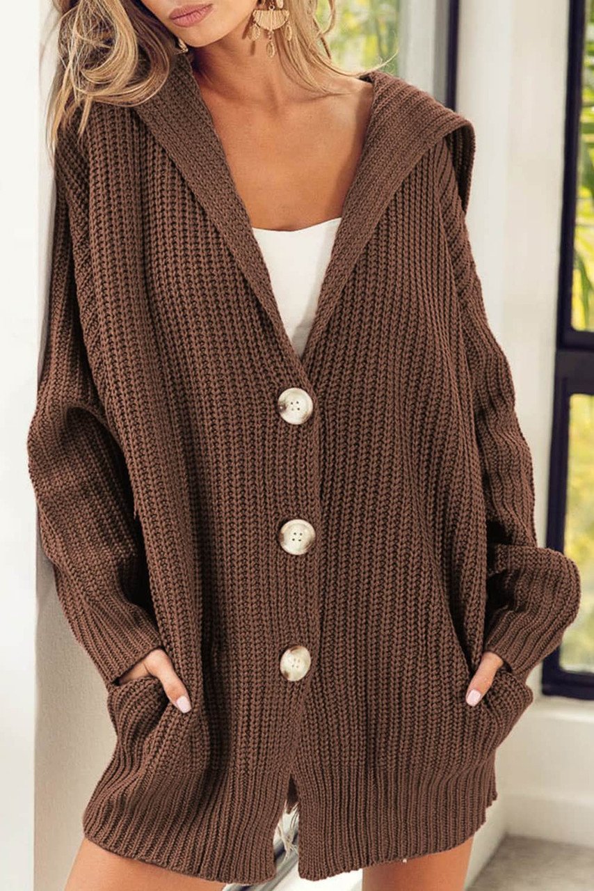 Cardigan Tricot Épais Marron avec Col à Revers et Fermeture Boutonnée - Parfait pour l'Hiver