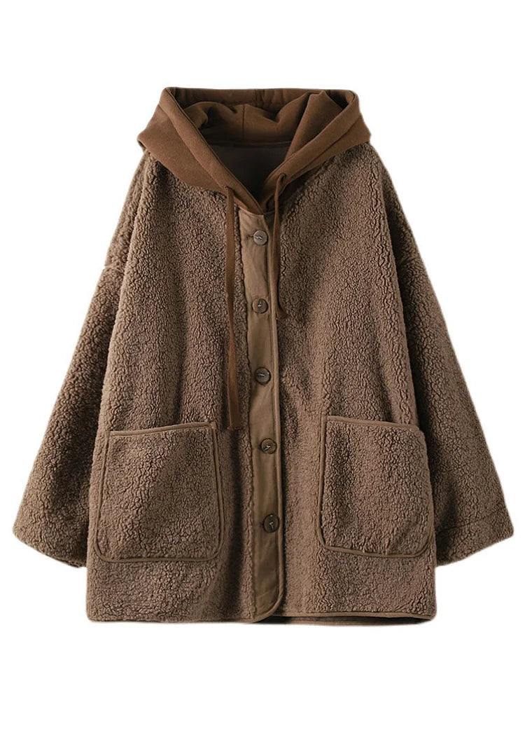 Manteau d'Hiver Douillet à Capuche avec Effet Deux Pièces et Cordon - Couleur Café