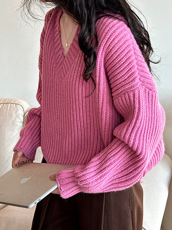 Pull Femme à Manches Longues, Coupe Légère, Couleur Unie, Décolleté en V