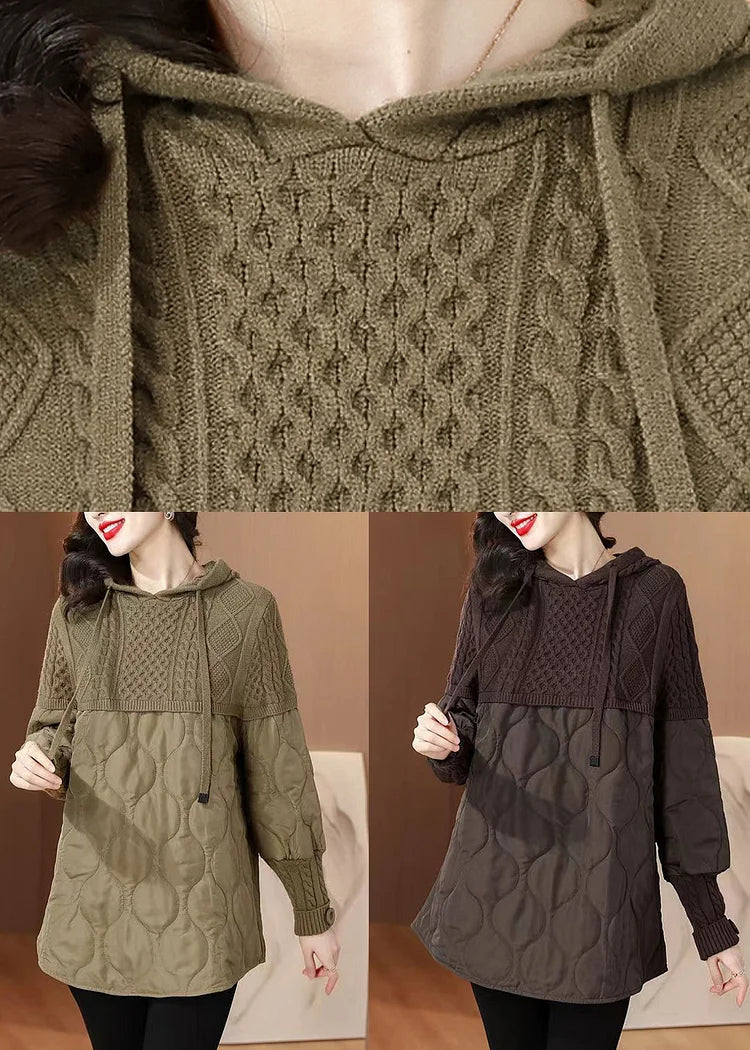 Sweat à Capuche d'Hiver Épais avec Détails en Patchwork et Lacets Chocolat