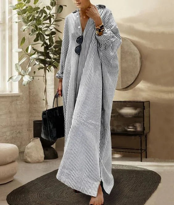 Laia - Robe longue et ample de style chemise à manches longues avec des rayures confortables