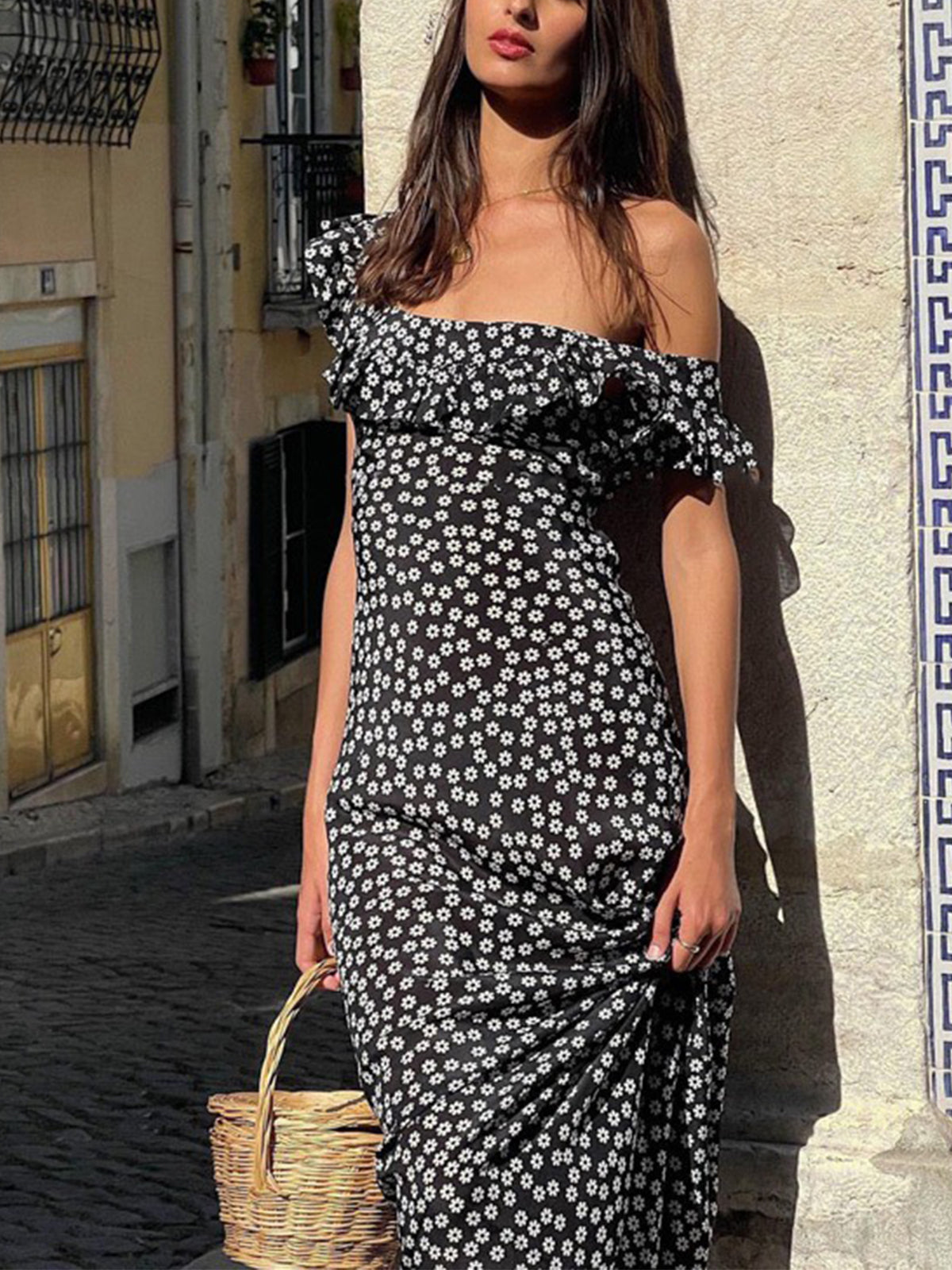 Robe longue élégante avec imprimé floral de marguerites au style raffiné
