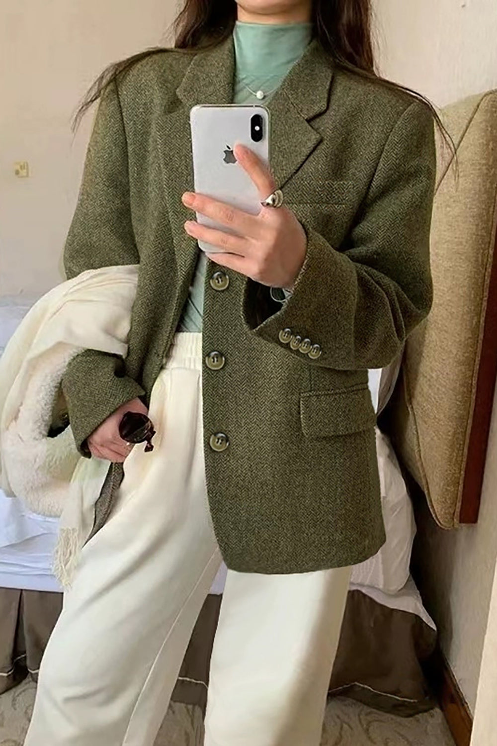 Blazer Femme en Tweed Vert avec Revers Découpés Élégant