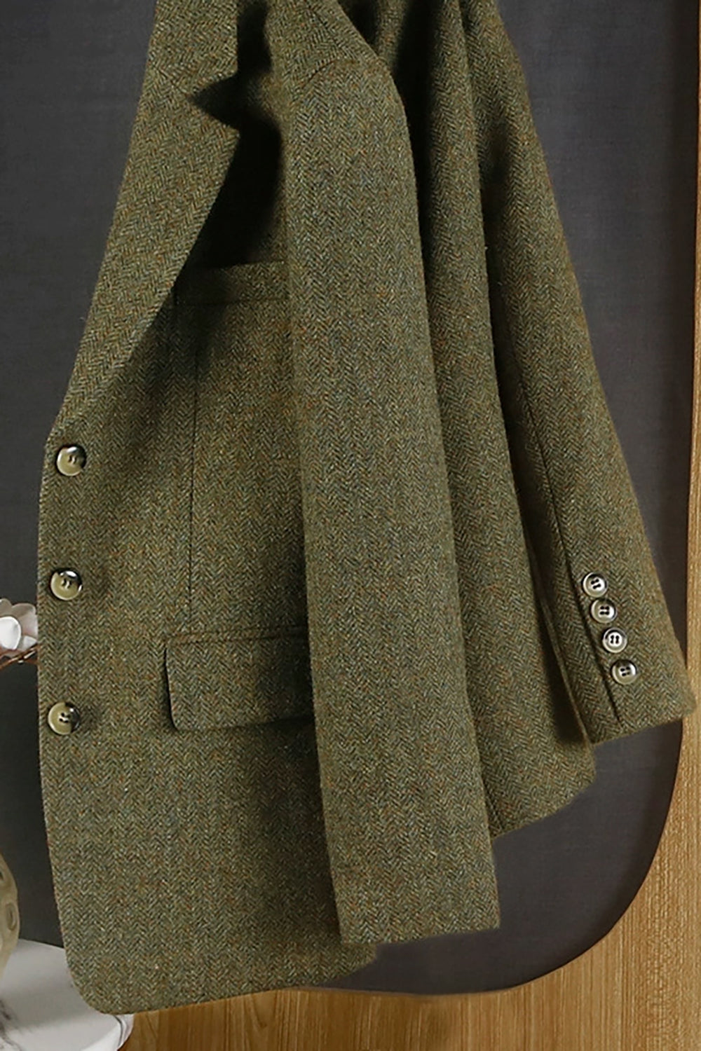 Blazer Femme en Tweed Vert avec Revers Découpés Élégant