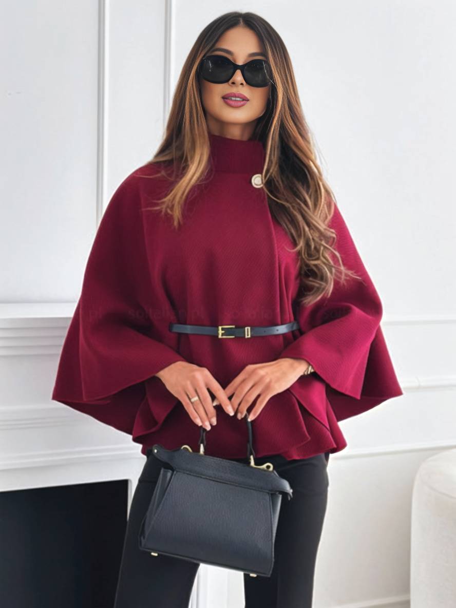 Manteau court poncho pour femme avec boutons, ceinture et manches chauve-souris, élégant et décontracté