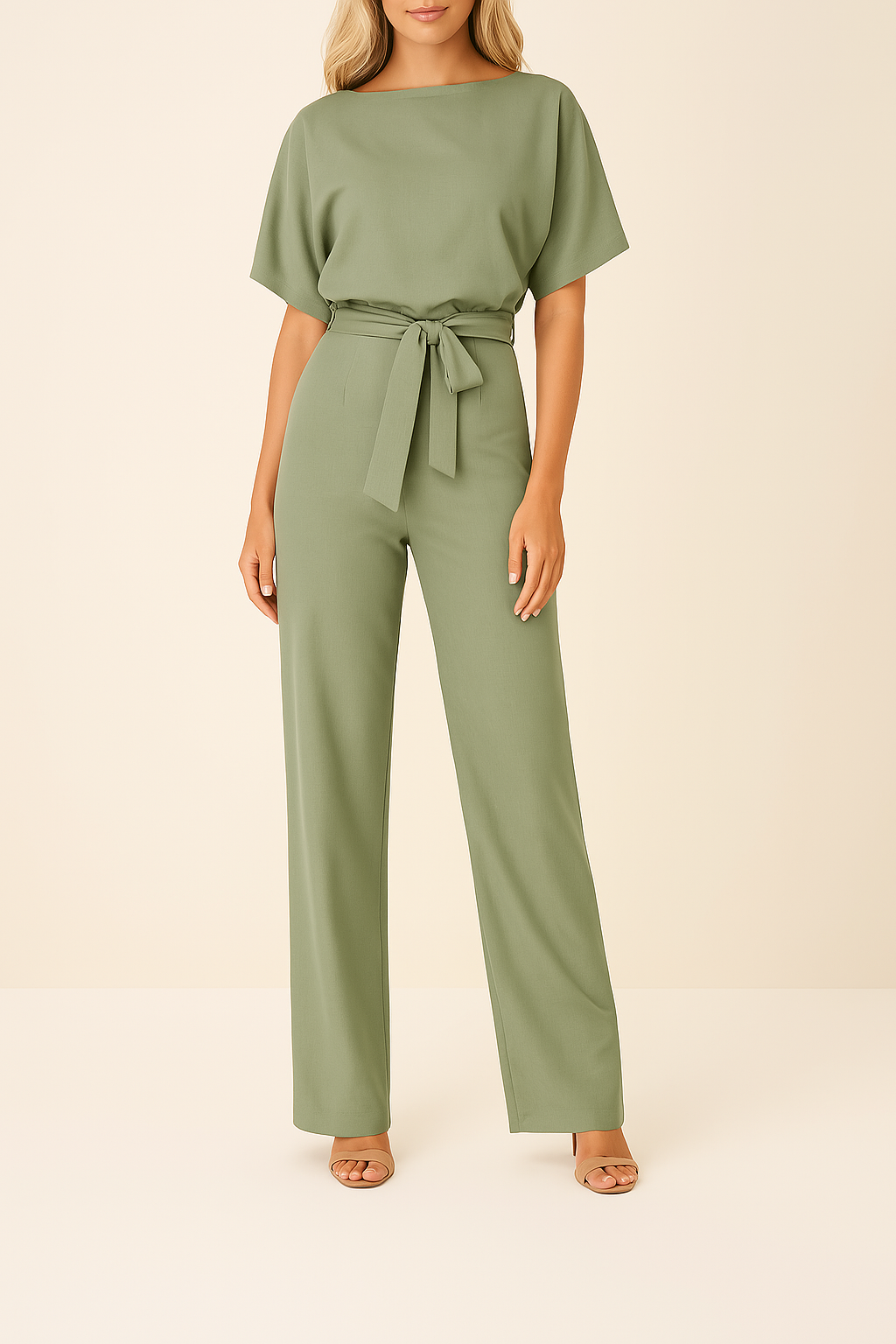 Combinaison femme ceinturée au style intemporel et silhouette soignée
