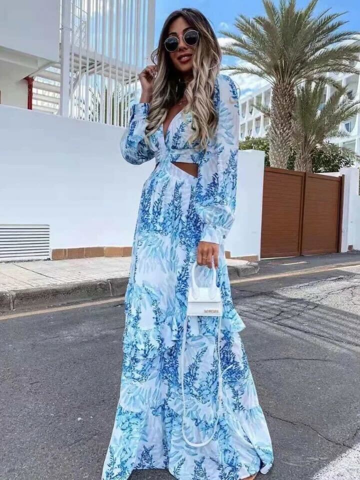 Estefania - Robe élégante à manches longues et décolleté en V imprimé