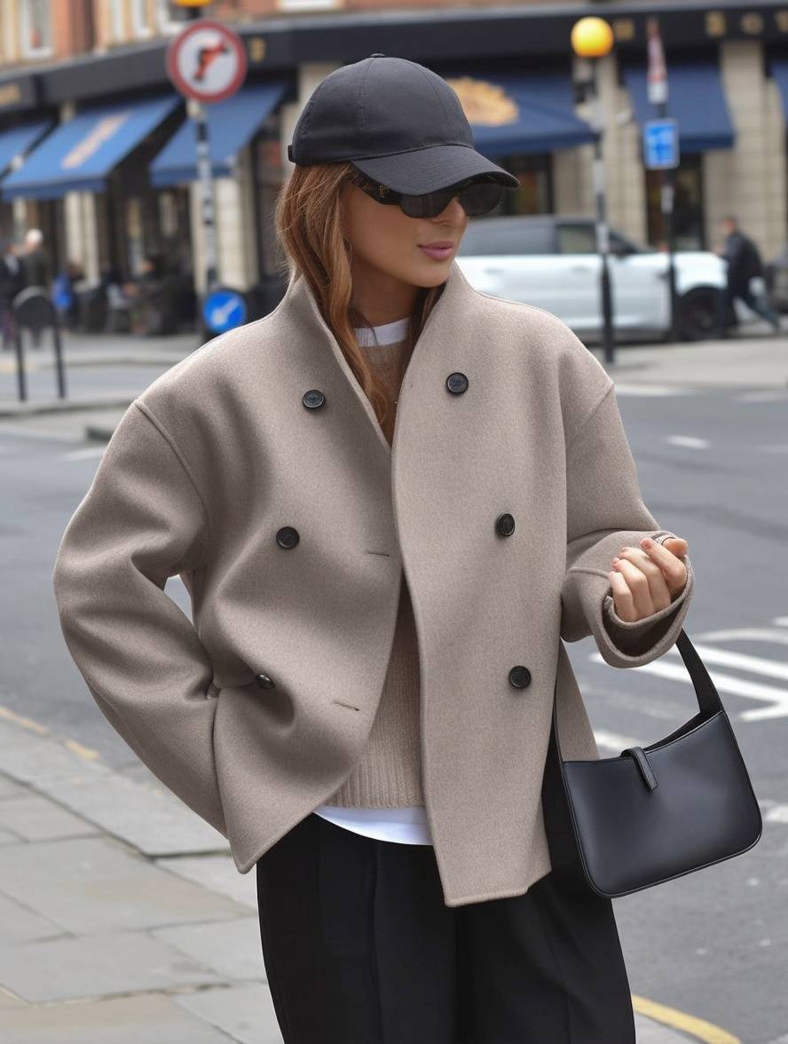 Manteau femme élégant à double boutonnage, col montant et décolleté en V, style vintage pour le quotidien